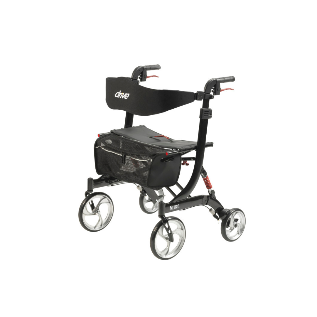 The Drive Nitro HD Bariatric Rollator with Suspension is a lightweight, black Euro-style rollator featuring large front wheels, a seat, backrest, storage pouch, and hand brakes for stylish bariatric mobility support.